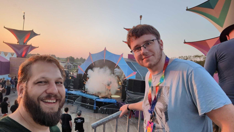 Downward view onto a stage with smoke